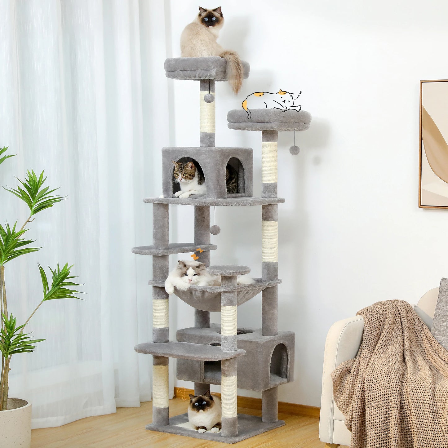 Large Cat Tree and Tower for Indoor Cats With Sisal-Covered Scratching Posts. Spacious Hammock, Padded Perches and Condos Cat Toys