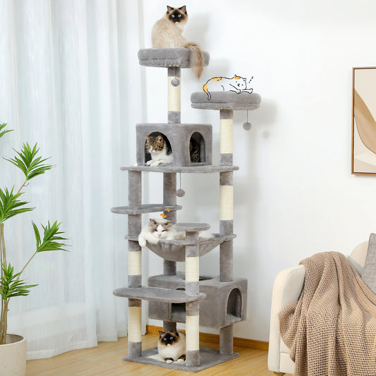 Large Cat Tree and Tower for Indoor Cats With Sisal-Covered Scratching Posts. Spacious Hammock, Padded Perches and Condos Cat Toys