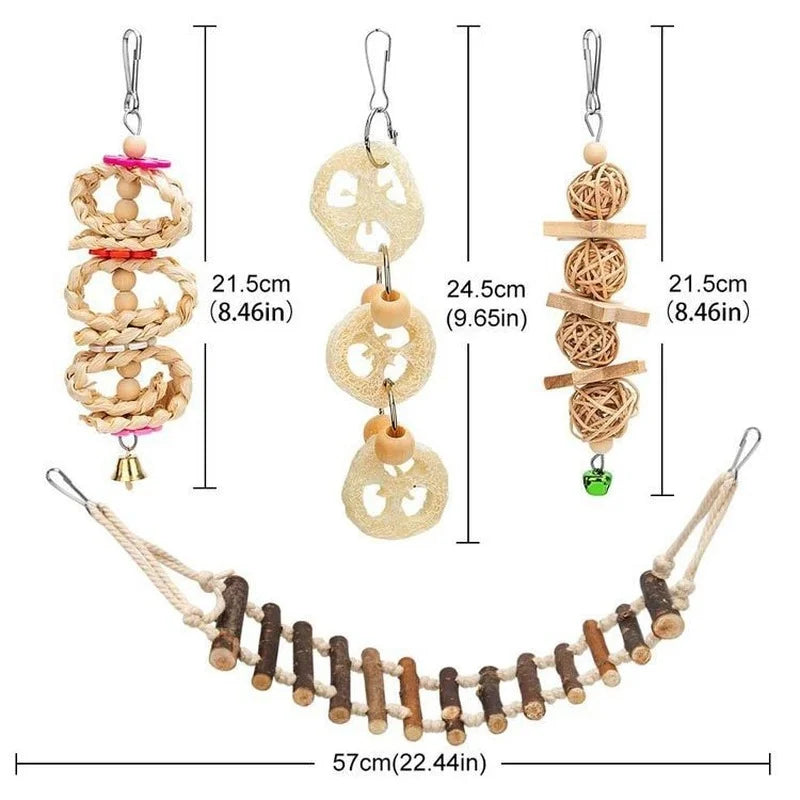 8PCS Set Combination. Parrot Bird Toys. Wood Articles, Bite Bird Toys For Parrot Training. Bird Toy Swing, Ball and Bell.
