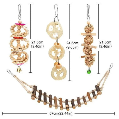 8PCS Set Combination. Parrot Bird Toys. Wood Articles, Bite Bird Toys For Parrot Training. Bird Toy Swing, Ball and Bell.