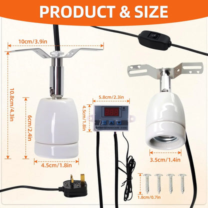 Reptile Heat Lamp Holder. Heating Lamp with Temperature Controller. Ceramic Bracket for E27 Bulb