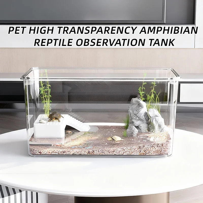 Transparent Reptile Terrarium Tank with Basking Area for Pet Turtles, Hermit Crabs, Tortoise - Turtle Adoption Habitat