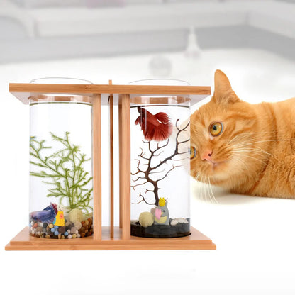 Glass Betta Fish Tank with LED Light. Bamboo Base ,Mini Aquarium Set for Desktop Home Office Decoration 2 Tanks