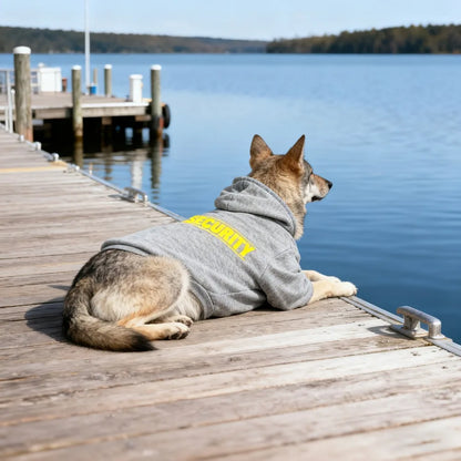 Pet Hoodie for Medium To Large Dogs | Classic Gray with Yellow SECURITY Print, Fleece-Lined for Warmth and Breathability