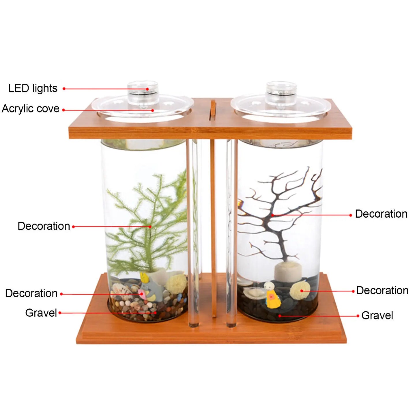 Glass Betta Fish Tank with LED Light. Bamboo Base ,Mini Aquarium Set for Desktop Home Office Decoration 2 Tanks