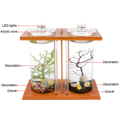 Glass Betta Fish Tank with LED Light. Bamboo Base ,Mini Aquarium Set for Desktop Home Office Decoration 2 Tanks