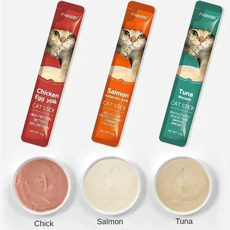 10pcs Cat snacks in the form of strips. Tuna and chicken treats. Pet snacks for cats to gain weight.