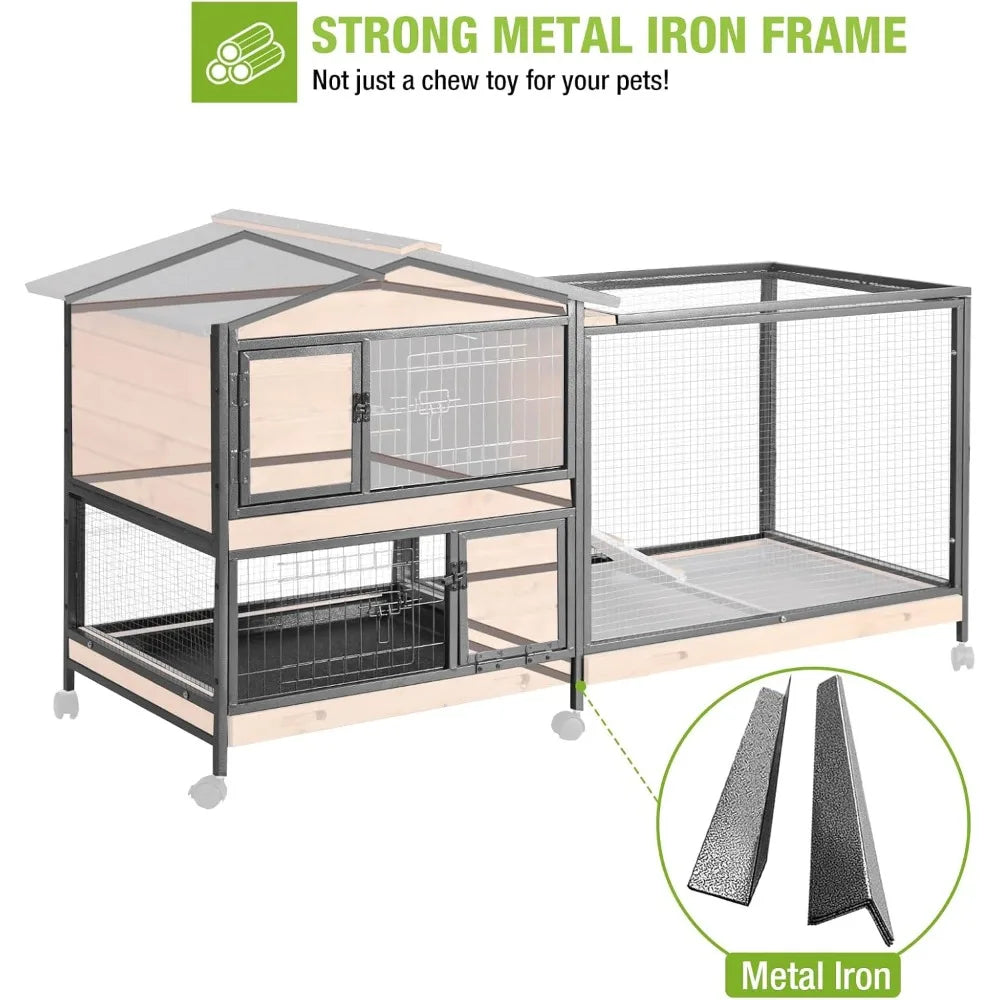 Rabbit Hutch with Chew-Resistant Metal Frame. Indoor Bunny Cage, Outdoor Rabbit Cage with Wheels and Leakproof Tray