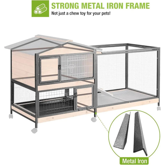 Rabbit Hutch with Chew-Resistant Metal Frame. Indoor Bunny Cage, Outdoor Rabbit Cage with Wheels and Leakproof Tray