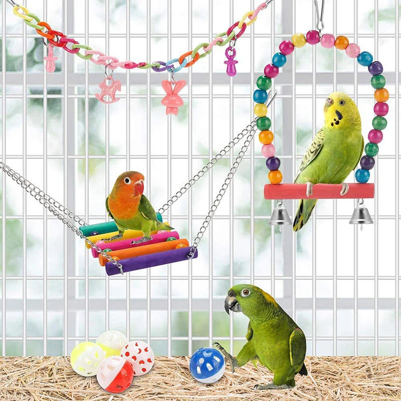 Bird Cage Toys for Parrots. Wood Birds Swing. Reliable, Chewable Bite Bridge. Wooden Beads Shape. Parrot Toy, 11pcs Bird Toys
