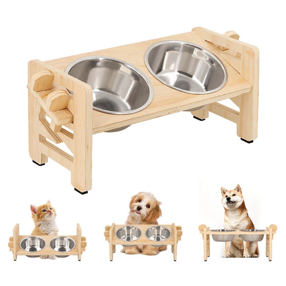 Elevated Small Dog Cat Bowls. Tilted, Adjustable Feeder Stand with 2 Stainless Steel Bowls for Puppies & Cats