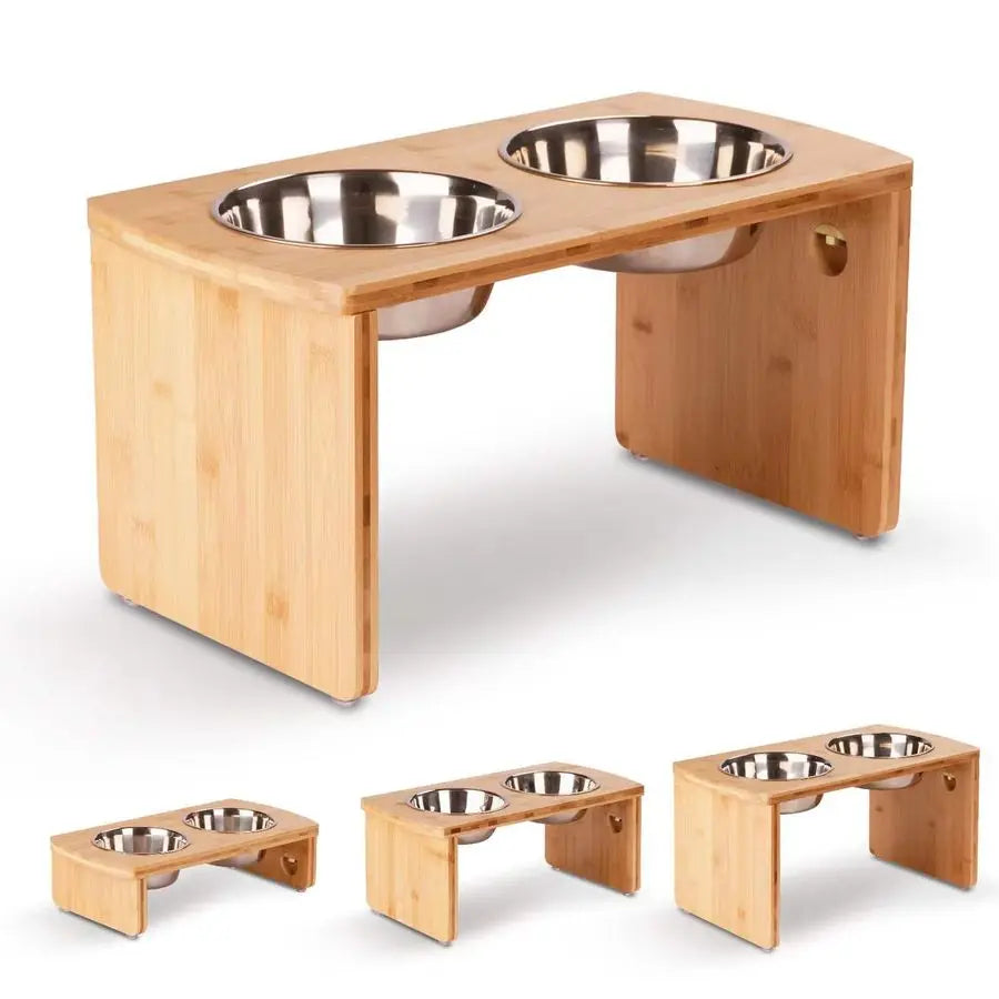 Bamboo Raised Bowls for Large & Medium Dogs with 2 Stainless Steel Bowls 10 Tall, 48 oz Bowls
