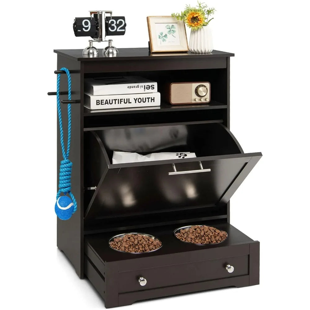 Pet Feeder Station, Dog Food Storage Container with Double Pull Out Dog Bowls, Pet Food & Toy Cabinet,