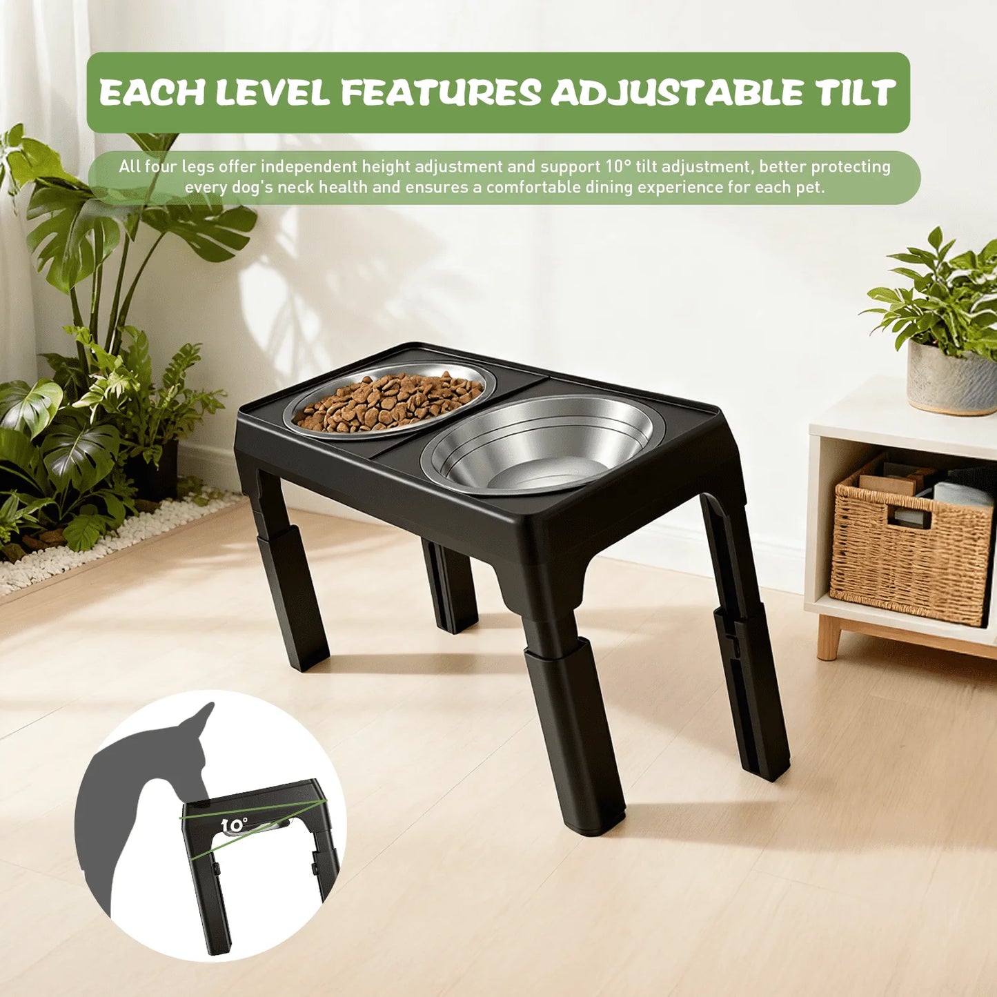Elevated Dog Bowls - 5 Heights, Adjustable.  2 Stainless Steel Bowls for Small ,Medium & Large Dogs or Cats