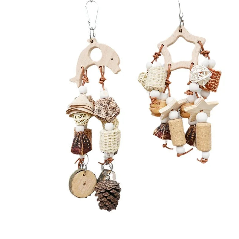Natural Parrot Bird Toys. Wooden Nibble Chew Skewers/Pine Cones/Corncob/Cork. Foraging Hanging Tooth Grinding Cage Accessories