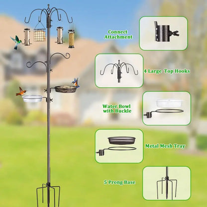 Feeding Station Kit, 94 Inch Metal Birds Feeder Stand Pole with 6 Hooks, Bird Bath and Mesh Tray, 5 Prong Base