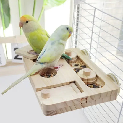 Bird Activity. Wooden Foraging Platform with Enrichment. Puzzle Sliding Block. Parrots Perch Toy with Compartments