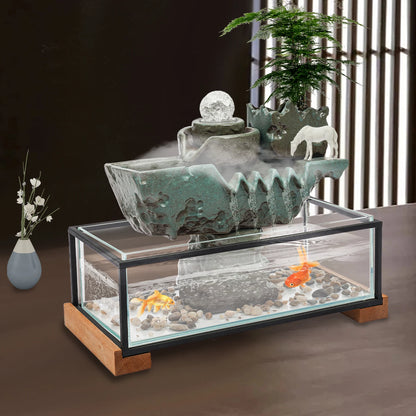 Clear Tabletop Eco Fish Tank Water Fountains, Rectangular Indoor Water Fall Decor for Meditation with Mist for Good Luck Wealth