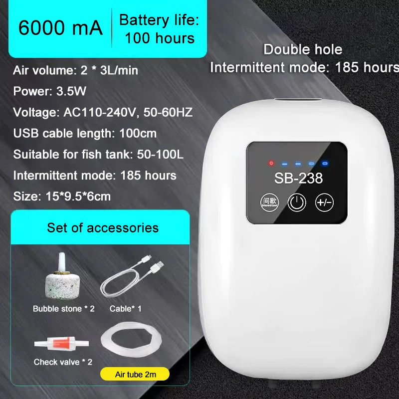 SOBO Aquarium  Oxygen Air Pump Compressor, Charging Silent USB with Battery Portable Fishing Oxygenator 6000mA