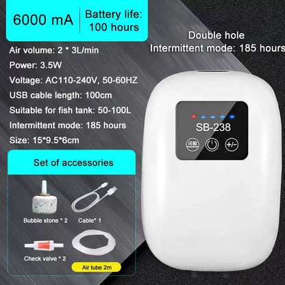SOBO Aquarium  Oxygen Air Pump Compressor, Charging Silent USB with Battery Portable Fishing Oxygenator 6000mA