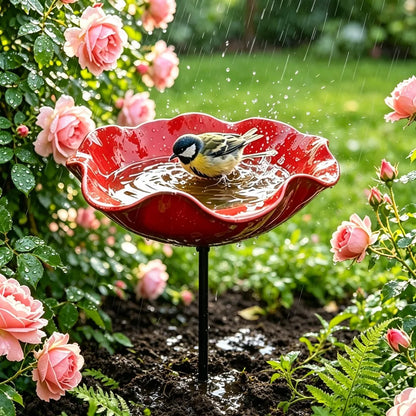 Bird Bath. Flower Shaped Metal Birdbath with Ground Stake. Water Feeder Bowl for Outdoor Garden/Patio.  Decorative Wild Bird Feeder