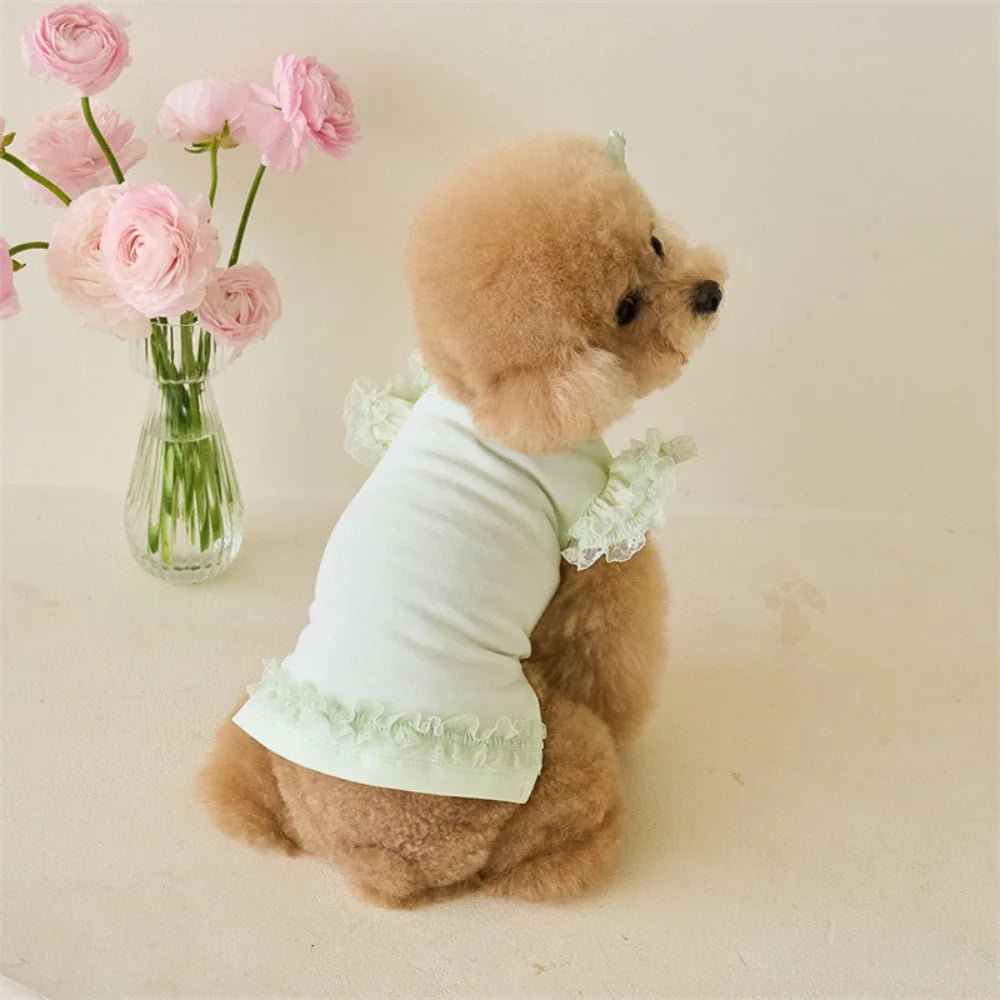 Lace Pet Summer Vest. Soft, Flying Sleeve, Base Skirt, Breathable Dog Clothes.
