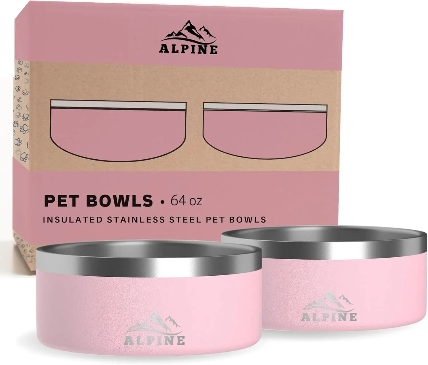 Set of 2 Stainless Steel Dog Bowls, Non-Slip Double Walled Insulated Pet Bowl for Food and Water (64 oz, Pink)