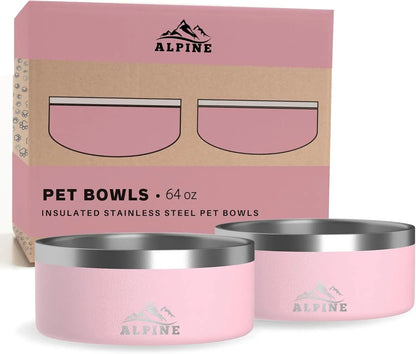 Set of 2 Stainless Steel Dog Bowls, Non-Slip Double Walled Insulated Pet Bowl for Food and Water (64 oz, Pink)