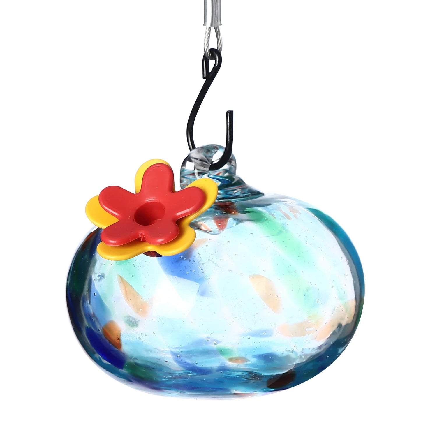 Glass Ball Hummingbird Feeder for Outdoor. Hanging Bird Feeder, Hand Blown Glass, Color Changing 6 Feeding Ports