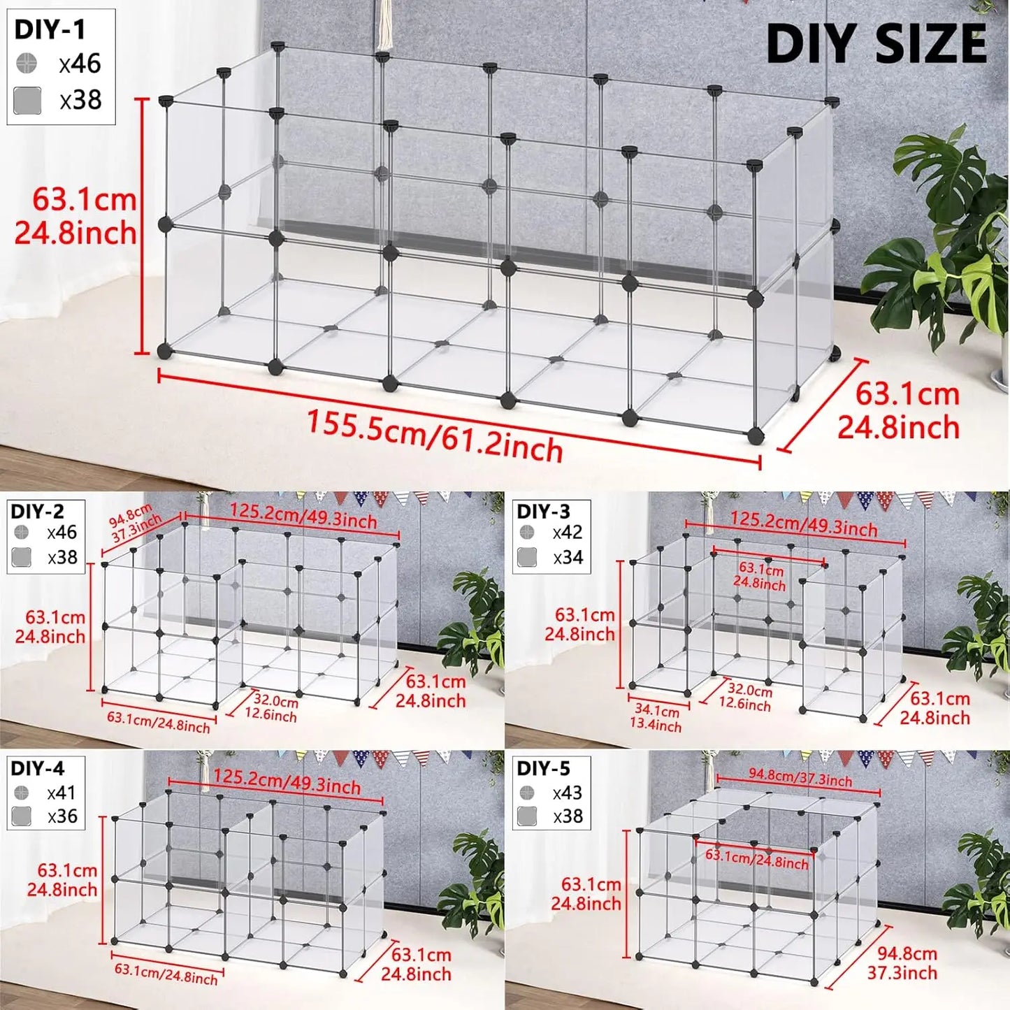Portable Pet Playpen with Floor for Small Animals - Rabbit, Guinea Pig, Ferret Cage. 61x25x24 Inch
