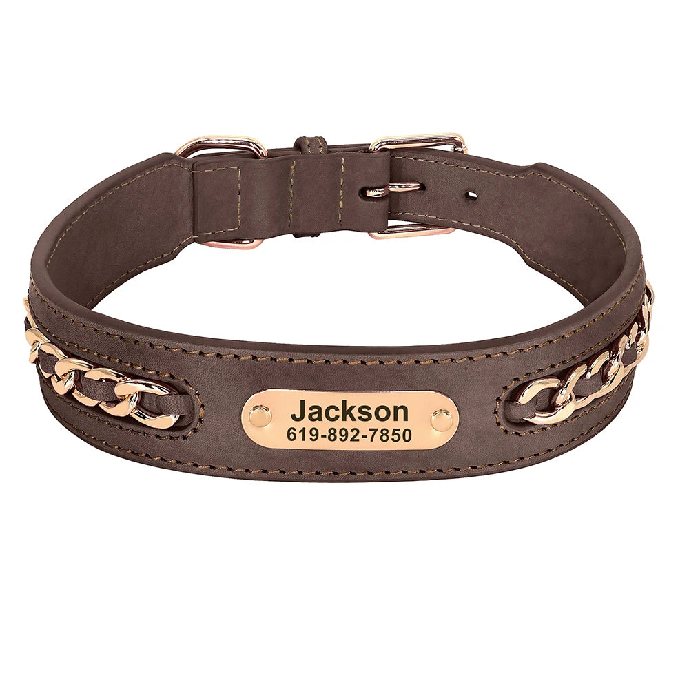 Custom Leather Dog Collar for Big Dogs. Genuine Leather ID Collar, Free Engraved Name For Small, Medium and Large Dogs. Metal Design