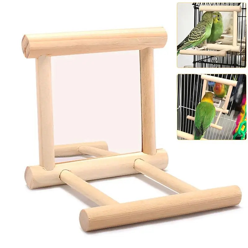 Bird Mirror Wooden Interactive Play Toy. With Perch For Small Parrot, Budgies, Parakeet, Cockatiel, Conure and Lovebird Cage Accessories