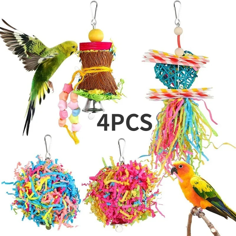 4PC Bird Toys. Parrot Accessories. Chewing Toys, Cage Hangings.