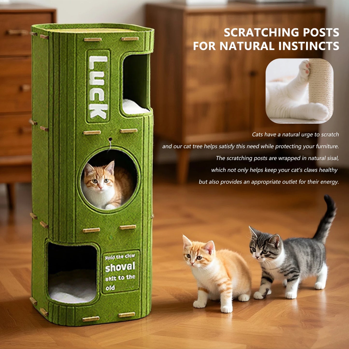 Three-Story Felt Cat Tree, With Scratching Boards And Comfortable Caves - Multi-Story Cat Apartment Tower