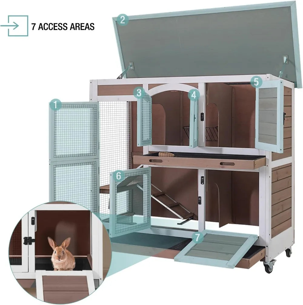 Rabbit Hutch, Indoor.  Guinea Pig Cage with Sliding Plastic Trays, Wheels & Ramp, Multi-Door, Wooden. Small Animal Cage