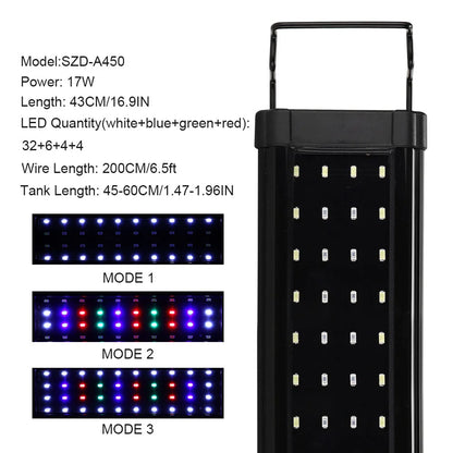 Aquarium LED Light. Super Slim Fish Tank Aquatic Plant Grow Lighting. Waterproof, Bright Clip Lamp RGB LED 31-120cm for Fish Tank