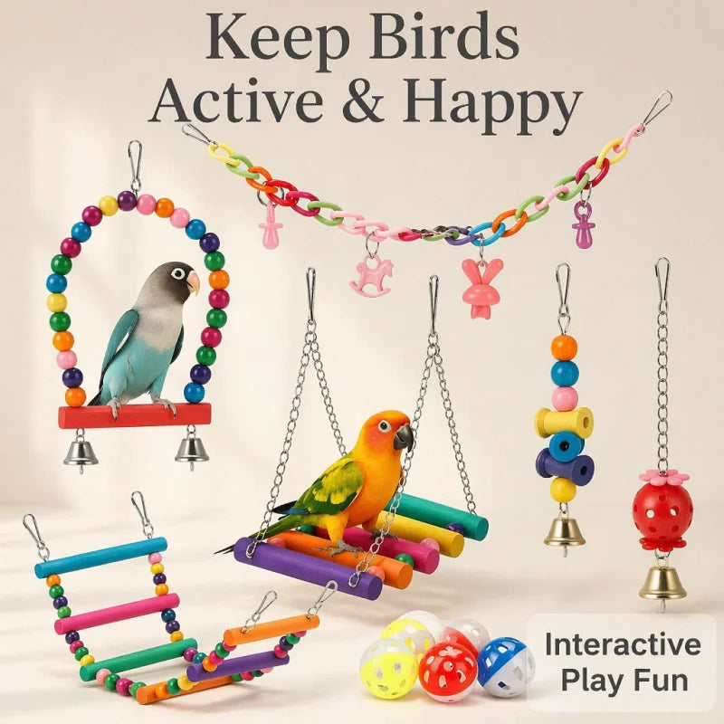 Bird Toys. 11pcs Parrot Set Bird Cage Accessories with Swing Ladder, Chewing Beads, Bell Toys. Interactive Toys with Wooden Beads