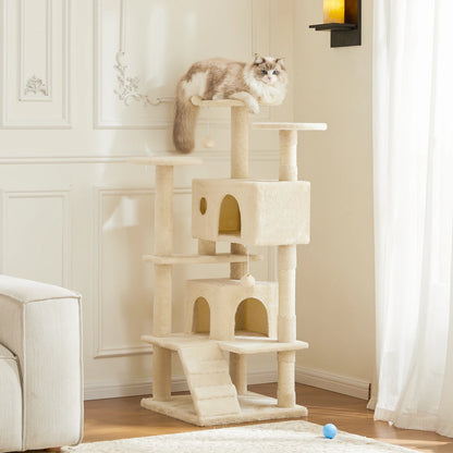 54in Tall Multi-Level Cat Tree Tower for Indoors. Pet Furniture Stable Kitty Play House with Sisal Scratching Post.