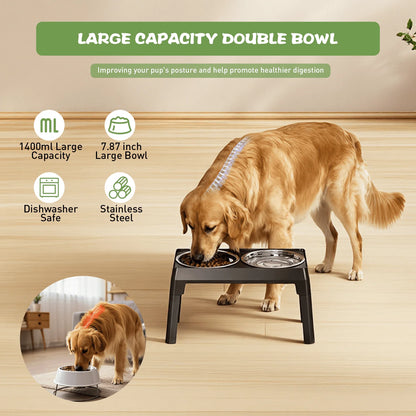 Elevated Dog Bowls - 5 Heights, Adjustable.  2 Stainless Steel Bowls for Small ,Medium & Large Dogs or Cats