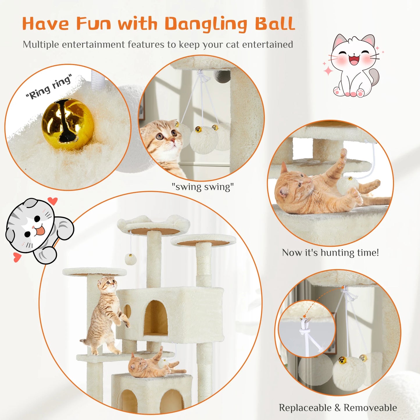 54in Tall Multi-Level Cat Tree Tower for Indoors. Pet Furniture Stable Kitty Play House with Sisal Scratching Post.