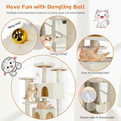 54in Tall Multi-Level Cat Tree Tower for Indoors. Pet Furniture Stable Kitty Play House with Sisal Scratching Post.