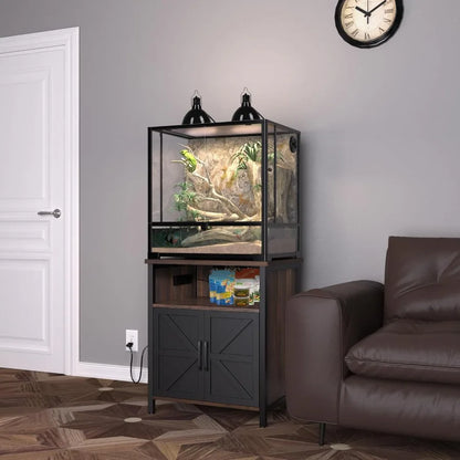 Terrarium Stand with Integrated Accessories. Storage and Built-in Power Outlets Designed for 24W x 18D Reptile Terrarium