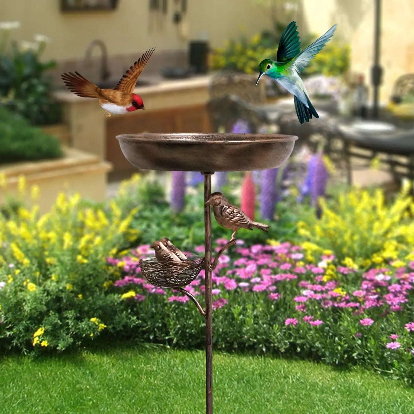 Bird Bath on Stand. Metal Outdoor Feeder Tray for Drinking and Feeding. Attracting Garden Birds