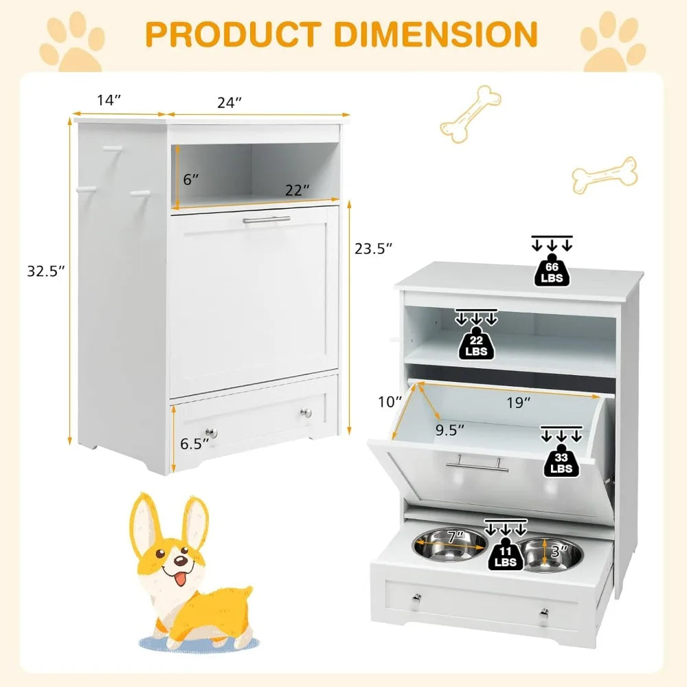 Pet Feeder Station, Dog Food Storage Container with Double Pull Out Dog Bowls, Pet Food & Toy Cabinet,
