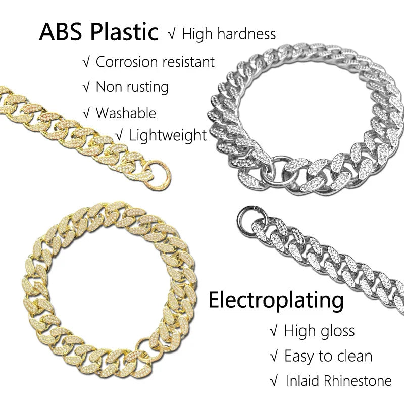 ABS Plastic Dog Collar Chain Diamond Inlay Sparkle. Cat Collars, Small Medium Large Dogs