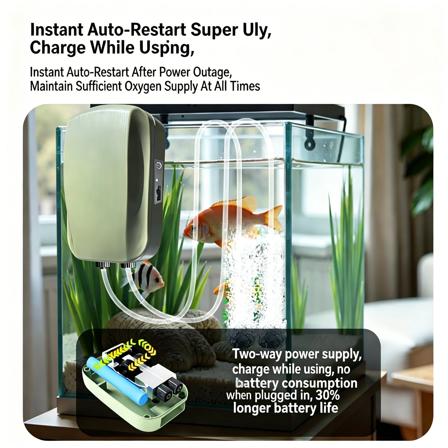 Aquarium Oxygen Air Pump Compressor Charging Silent USB with Battery Portable Oxygenator 2000mA Outdoor