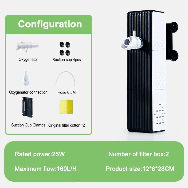 5/12/18/25w Fish Tank Filter, Water Purification Cycle. Three-In-One Built-In Small Aquarium Filtration System Oxygen Pump, Mute