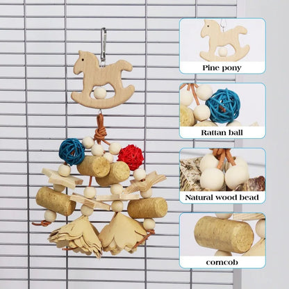 Bird Parrot Toy. Wooden Animal Shaped Rattan Ball.  Pine Cone, Corn, Wood Flower Slice. Gnawing Puzzle, Relieving Bird Toys