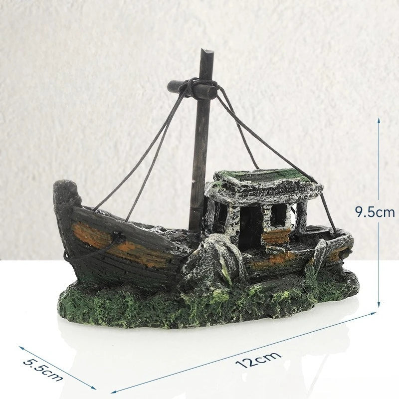 Aquarium Fish Tank Landscape. Wreck Ship Decor, Resin Boat Ornament, Mini Retro Boat Statues