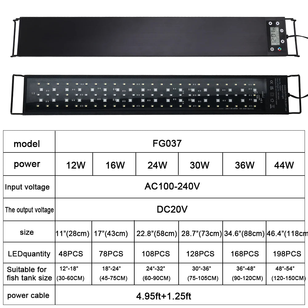 30-60cm Fish Tank 24/7 Full Spectrum Lighting. LED Light Aquarium Aquatic Plant Growth Lamp IP68 Waterproof 100V-240V